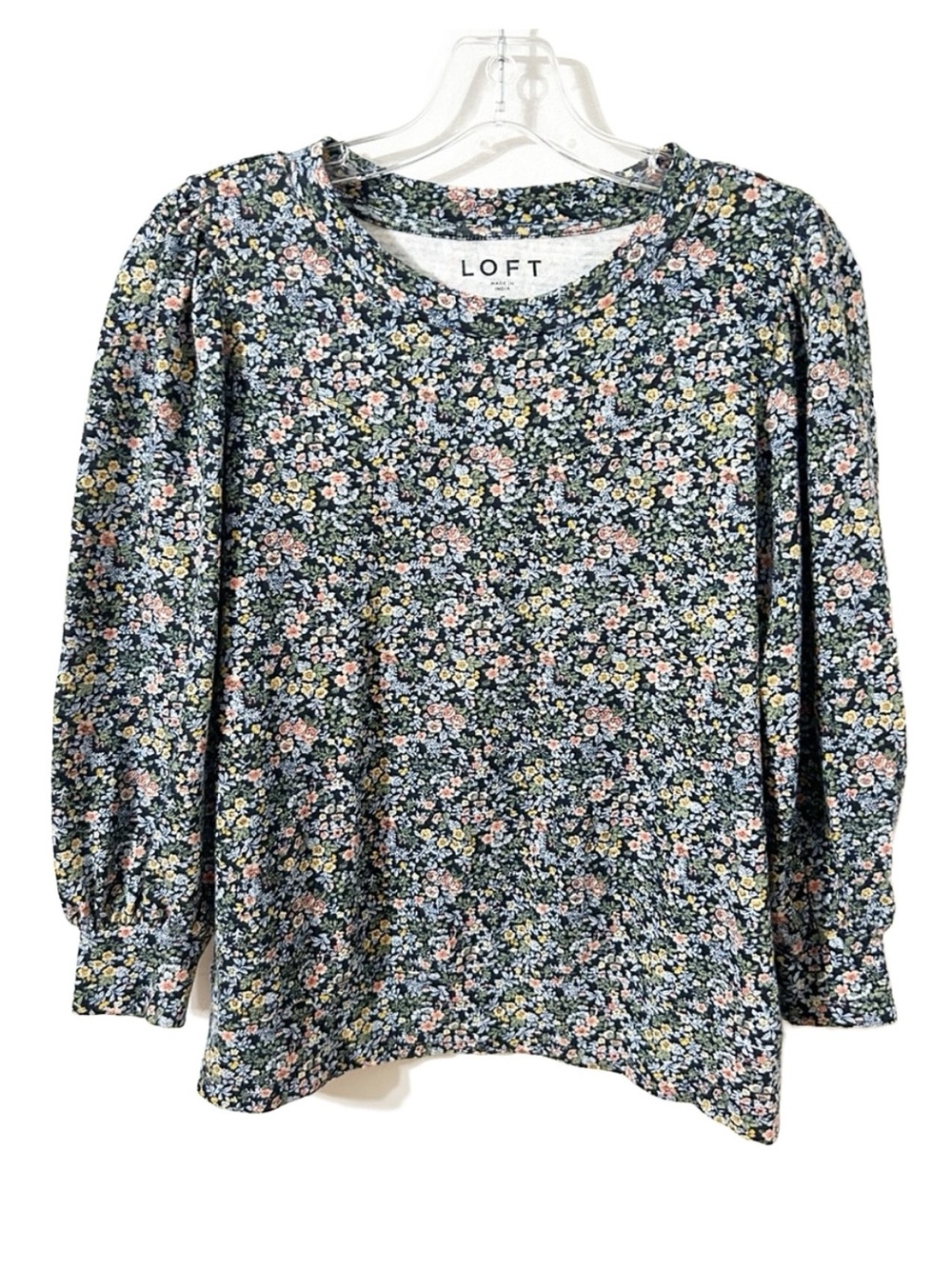 LOFT Floral Print Puff Sleeve Crewneck Top 100% Cotton Long Sleeve Size S